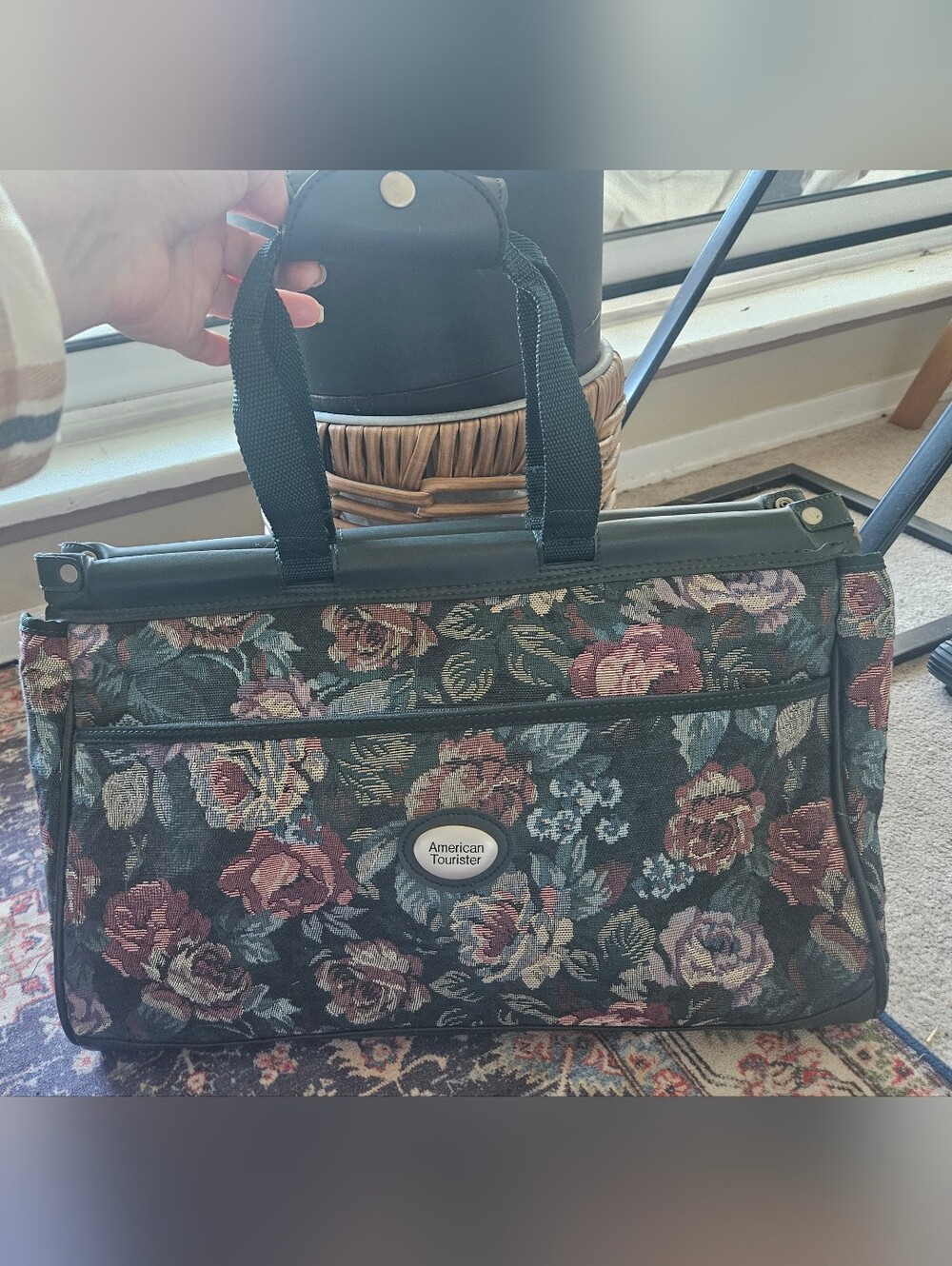 Vintage American Tourister Green Brown Floral Tapestry Carry-On Travel Bag